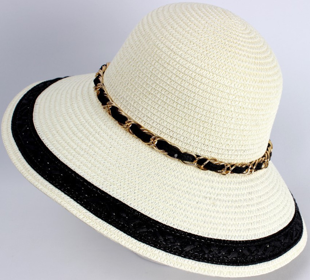 HEAD START Dome hat ivory w gold chain and black trim Style: HS/4482/BLK image 0